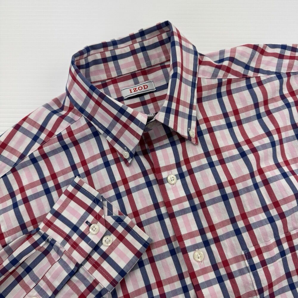 IZOD Mens 15-15.5 34/35 Classic Fit Stretch Dress Shirt Red Blue Plaid